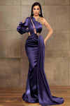 Charming One Shoulder Long Sleeves Mermaid Prom Dress with Beads