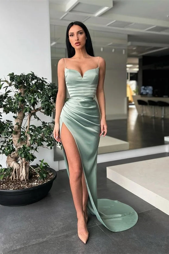 Dusty Sage Mermaid Prom Dress With Slit Spaghetti-Straps