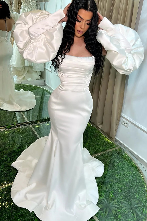 White Bubble Sleeves Strapless Mermaid Prom Dresses Lace-up