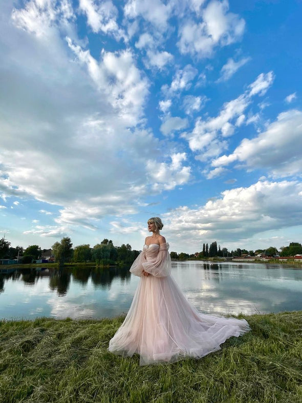 Off The Shoulder Dusty Pink Wedding Dress