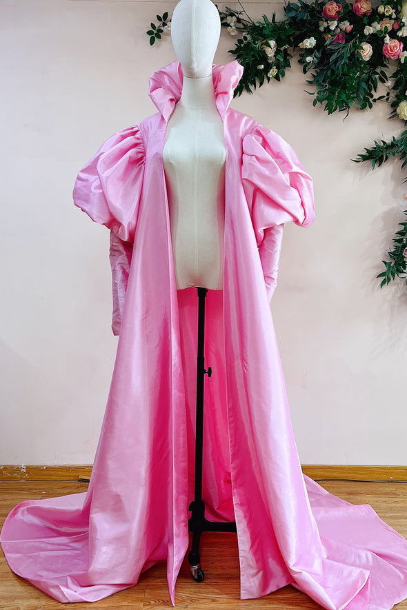 Pink Taffeta High Collar Long Women Fashion Evening Cape