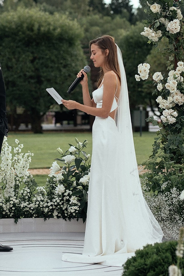 Spaghetti Straps Low Cut Satin Wedding Dress