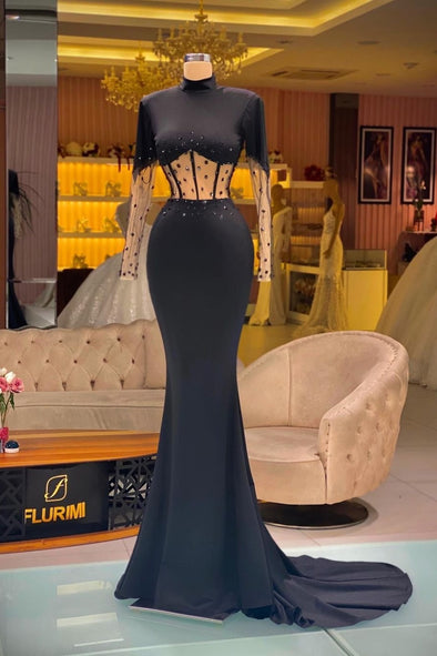 High Neck Long Sleeves Mermaid Black Evening Dress