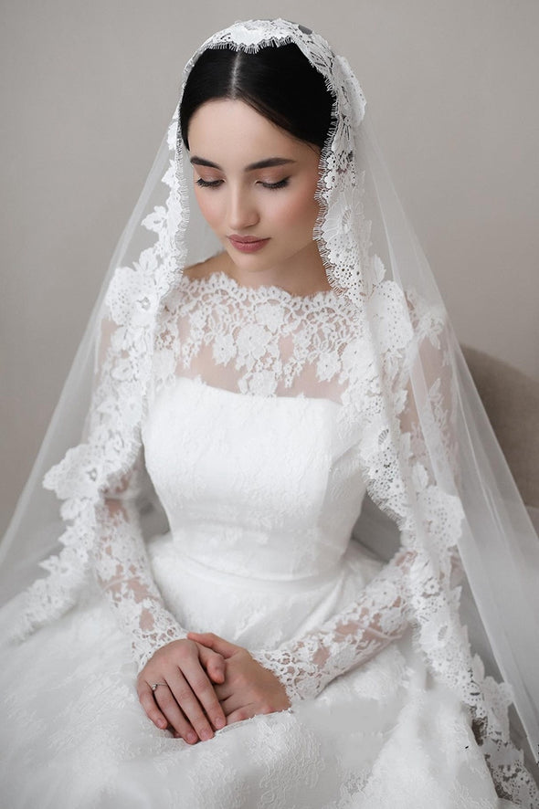 Romantic Lace A Line Wedding Dress Full Sleeves