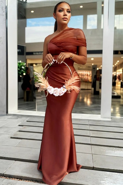 One Mesh Shoulder Long Mermaid Bridesmaid Dress