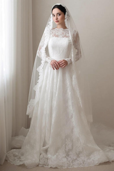 Romantic Lace A Line Wedding Dress Full Sleeves