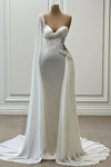 Luxury Pearls One Shoulder Mermaid Wedding Dress Draped