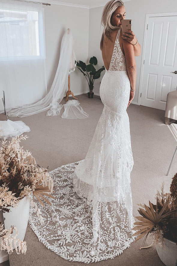 Boho Lace Wedding Dress With Removable Long Sleeves