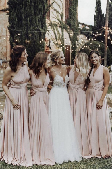 Pink Versatile Spandex Long Simple Bridesmaid Dress