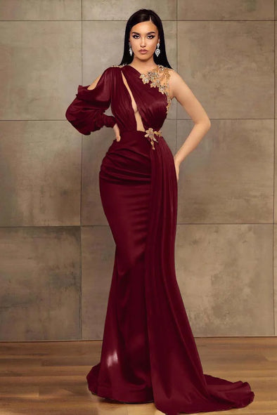 Charming One Shoulder Long Sleeves Mermaid Prom Dress with Beads