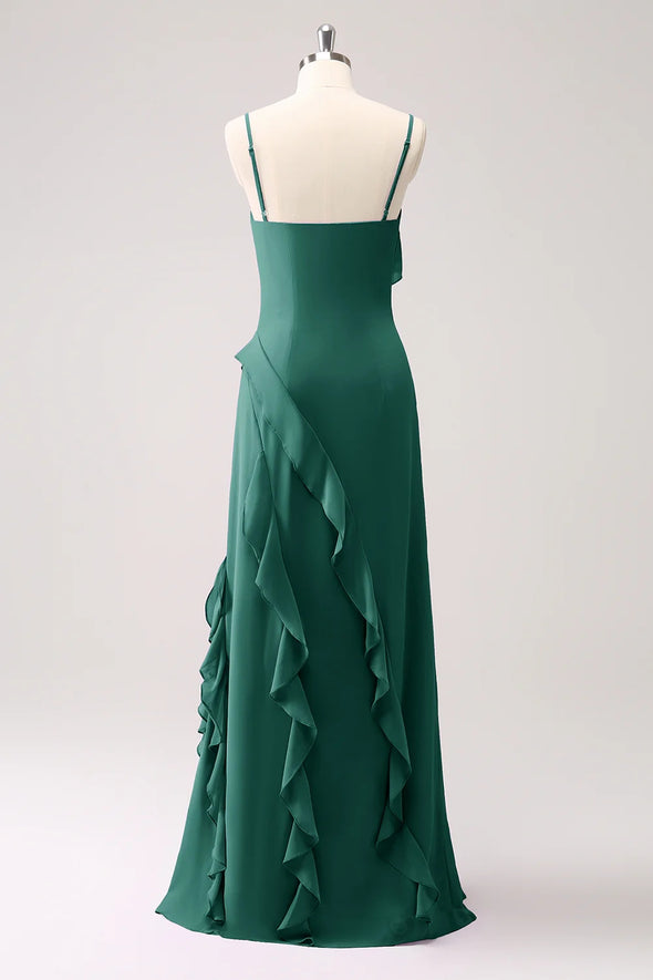 Spaghetti Strap A Line Dark Green Long Chiffon Bridesmaid Dress