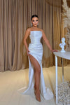 White Strapless Mermaid Prom Dress Pearls With Split Ruffles