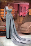 One Shoulder Long Mermaid Sky Blue Evening Dress Sparkly