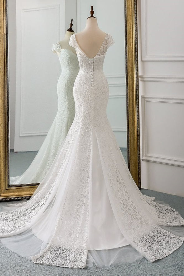 Modest Elegant Mermaid Lace Wedding Dress Cap Sleeves