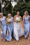 One Shoulder Sky Blue Long Mermaid Bridesmaid Dress