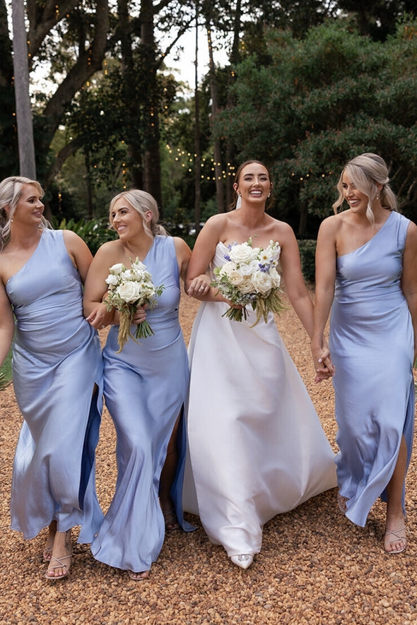 One Shoulder Sky Blue Long Mermaid Bridesmaid Dress