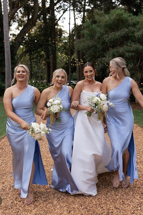 One Shoulder Sky Blue Long Mermaid Bridesmaid Dress