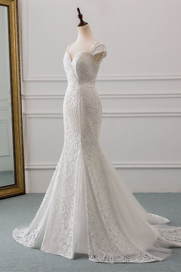 Modest Elegant Mermaid Lace Wedding Dress Cap Sleeves