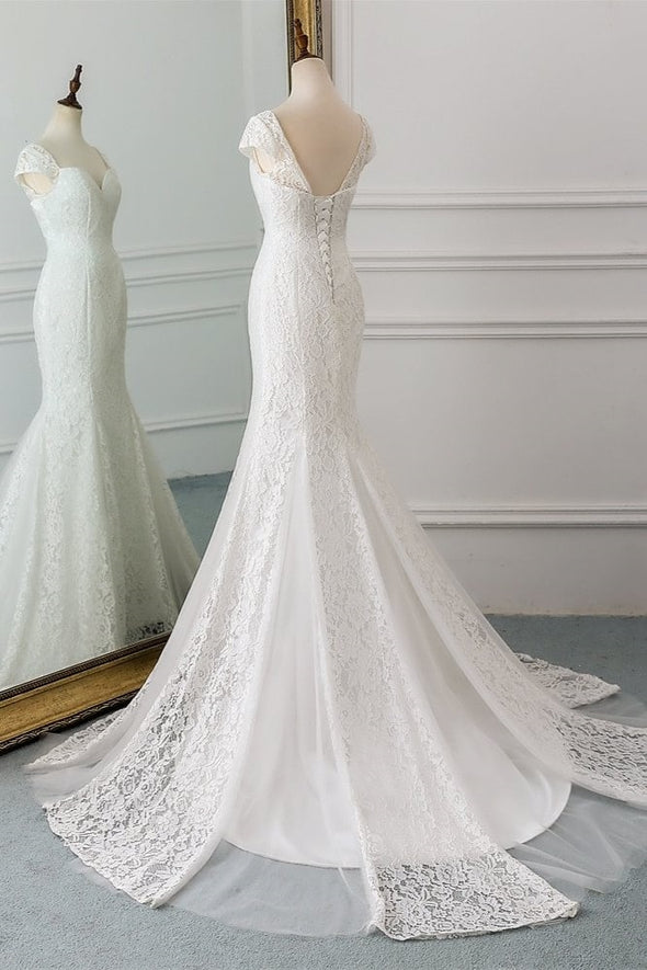 Modest Elegant Mermaid Lace Wedding Dress Cap Sleeves