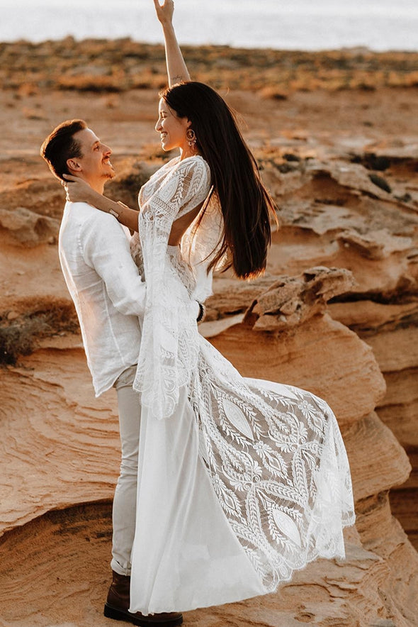 Long Split Bell Sleeves Boho Chiffon Lace Wedding Dress