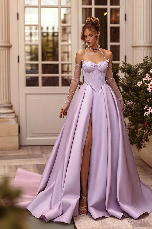 Lilac Sweetheart A-Line Prom Dress With Pearls