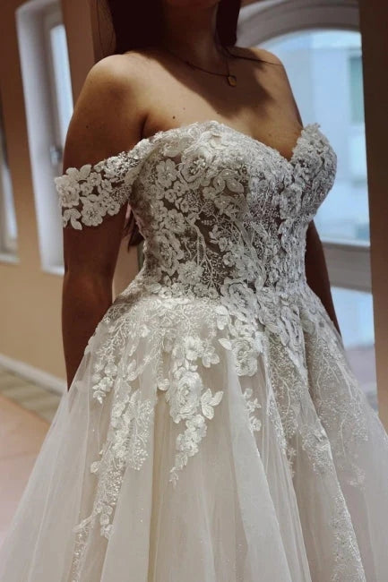 Off The Shoulder A Line Wedding Dress With Appliques