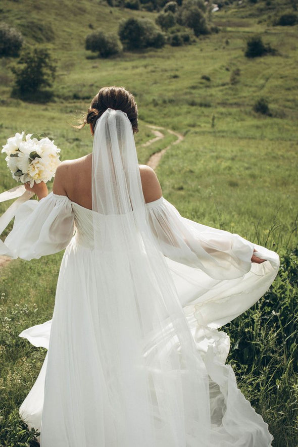 A Line Chiffon Long Off The Shoulder Sleeves Wedding Dress