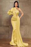 Charming One Shoulder Long Sleeves Mermaid Prom Dress with Beads