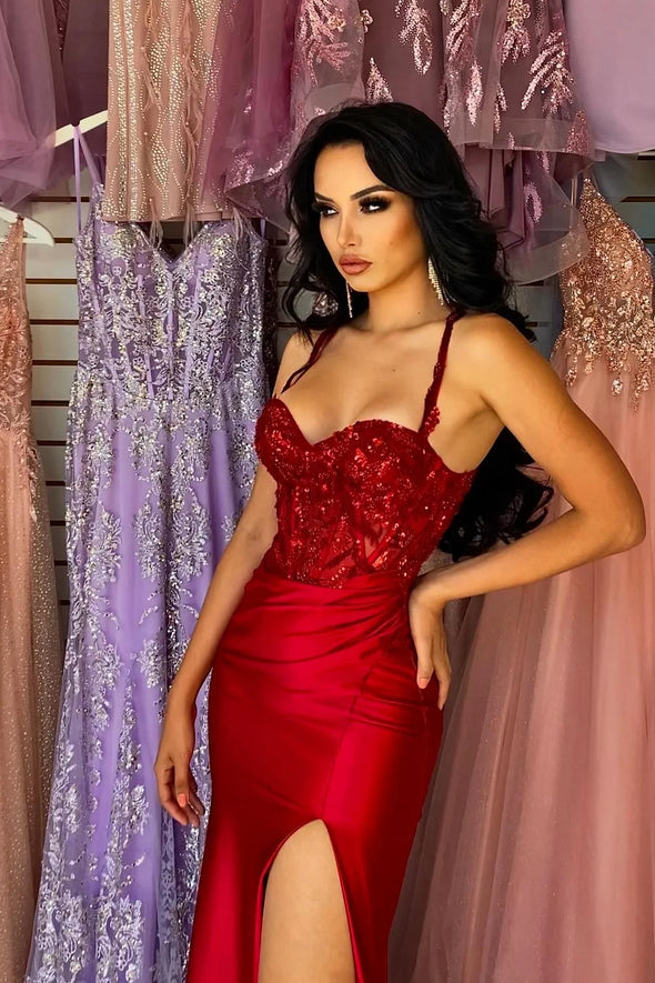 Red Spaghetti-Straps Prom Dress Mermaid Split Long With Sequins