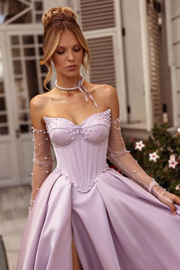 Lilac Sweetheart A-Line Prom Dress With Pearls