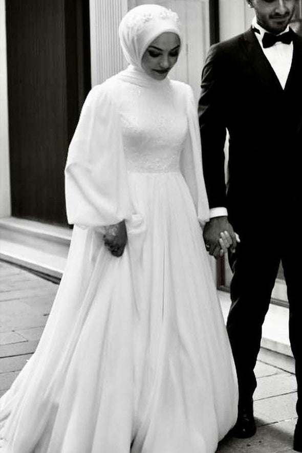 Chiffon Long Muslim Wedding Dress With Lace Beads