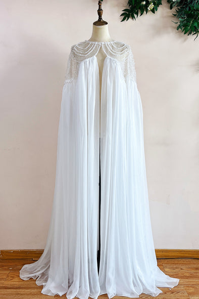 Elegant Chiffon Bohemian Long Wedding Cape With Beads