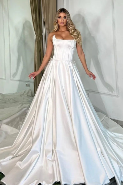 Long Satin Wedding Dress Lace Up Back