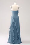 Spaghetti Strap A Line Dusty Blue Long Chiffon Bridesmaid Dress