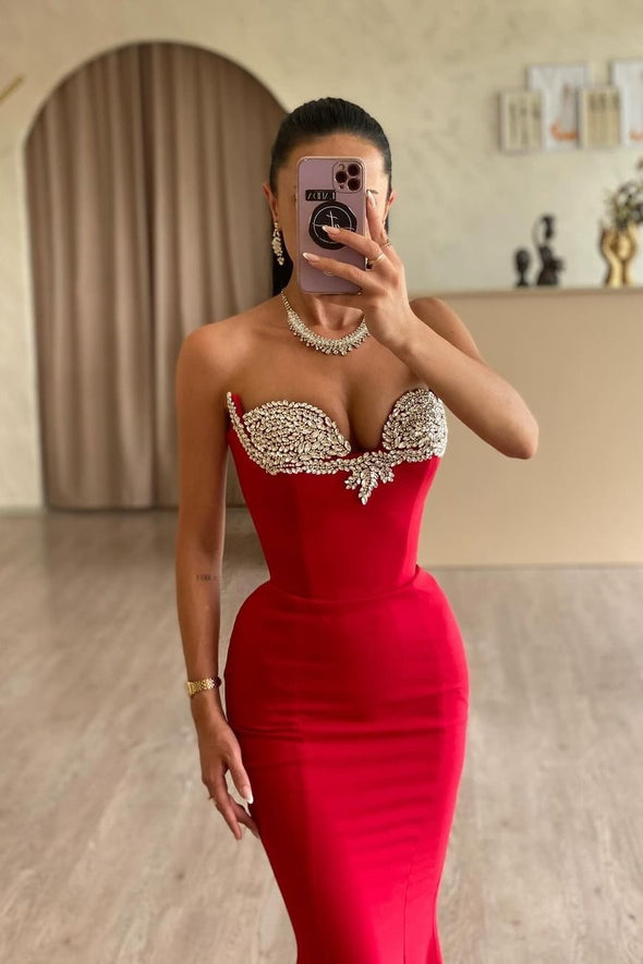 Red Mermaid Long Evening Dress With Crystal