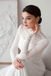 High Neck Full Sleeves Lace Wedding Dress With Buttons