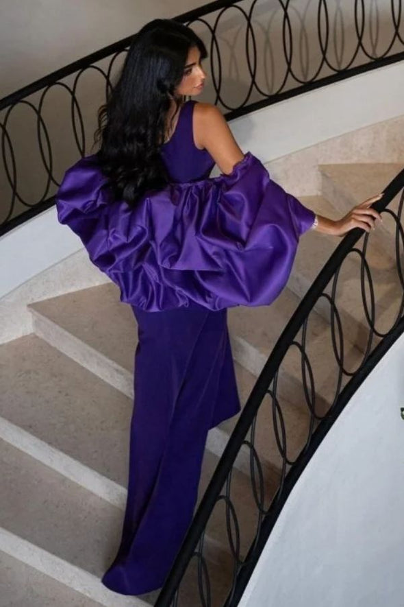 Long Purple Prom Dress With Cape