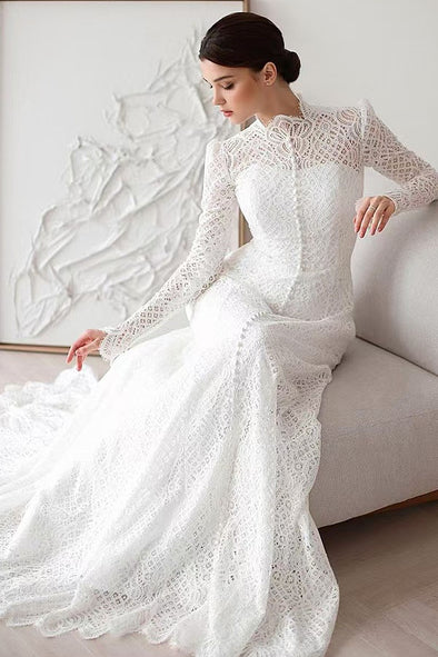 Unique Lace Long Sleeves Wedding Dress Buttons Front