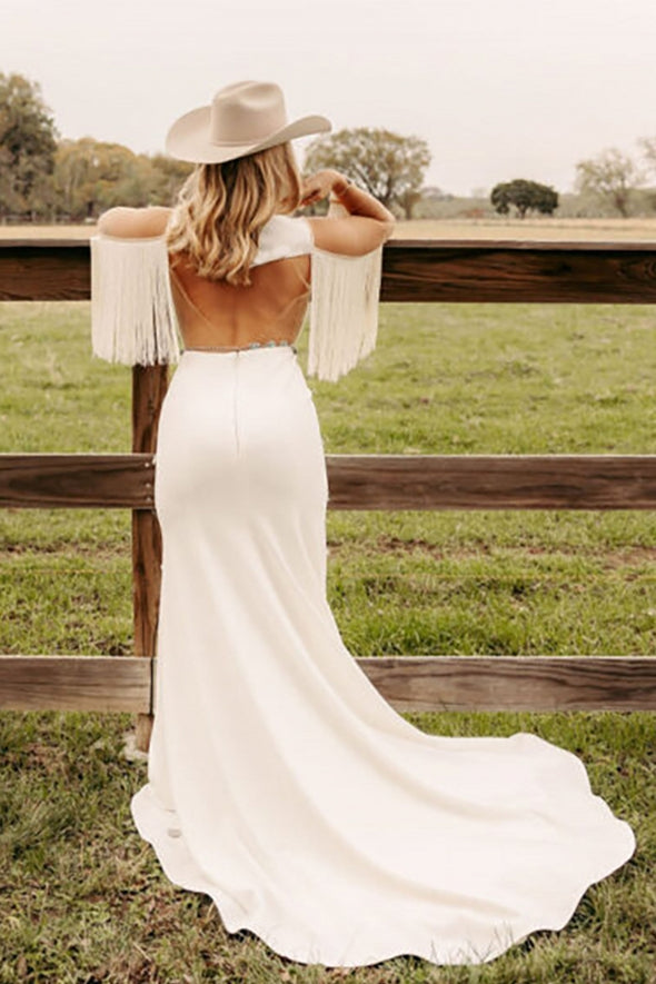 Backless Brush Train Bridal Gowns With Tassels