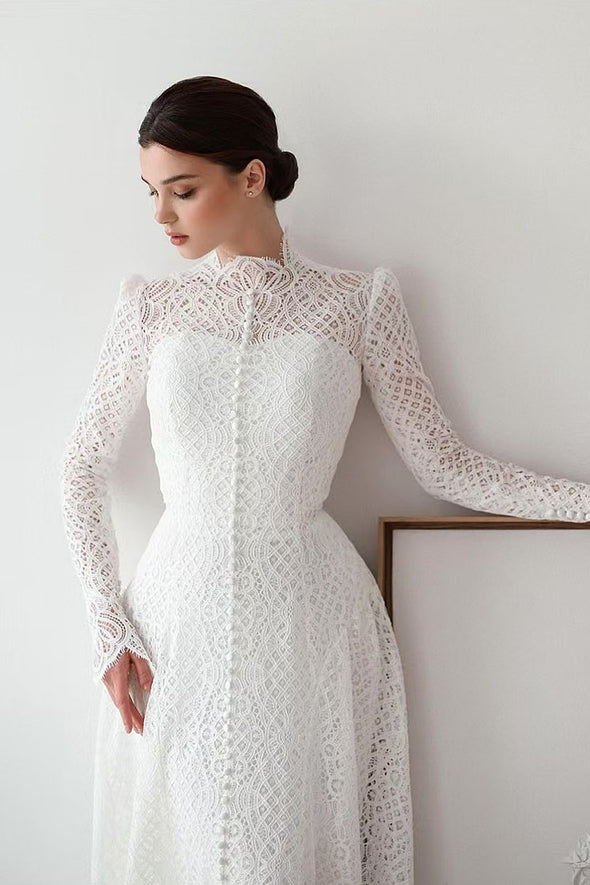 Unique Lace Long Sleeves Wedding Dress Buttons Front