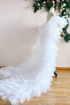 White Tiered Tulle Winter Long Wedding Cape Outfit