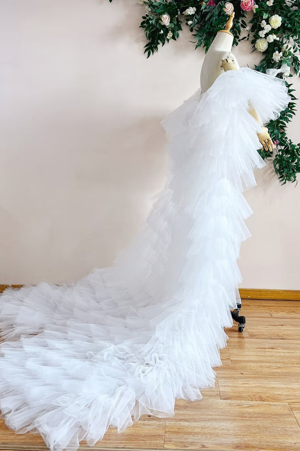 White Tiered Tulle Winter Long Wedding Cape Outfit