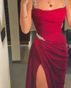 Burgundy Sleeveless Mermaid Prom Party Dress With Split Beads