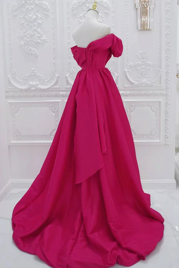 Off The Shoulder Fuchsia Satin Long Prom Gown