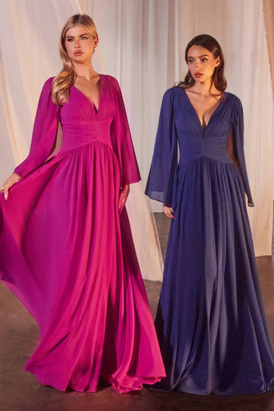 V Neck A Line Pleated Evening Dress With Cape