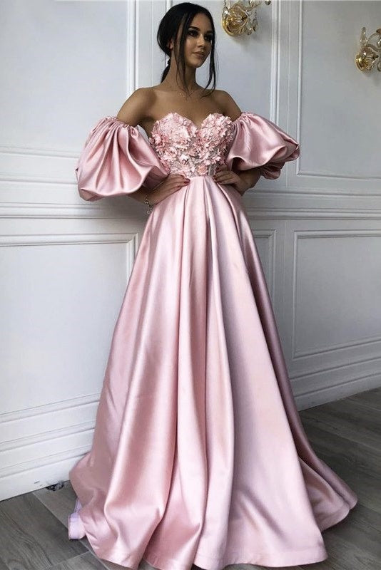 Pink A Line Long Satin Lace Flower Prom Dress With Detachable Sleeves