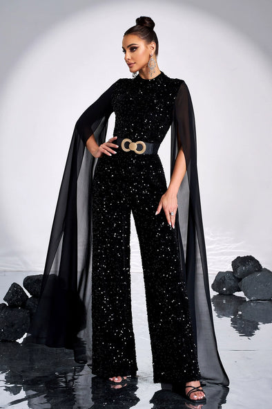 Long Sleeved Round Neck Sequined Party Jumpsuit Evening Gown