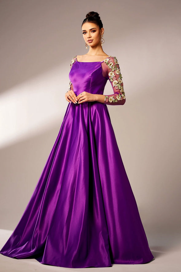 Purple Square Neck Full Sleeves Satin Evening Dress