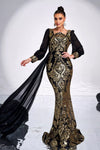 Long Sleeves Black Dress With Gold Sequins Mermaid Style