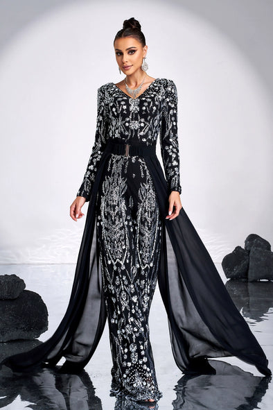 Black Dress With Silver Sequins Mermaid Evening Gown